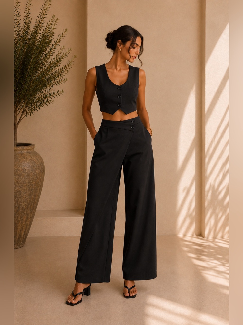 Commense Black Asymmetrical Top & Straight Leg Pants Set XS | Corpcore